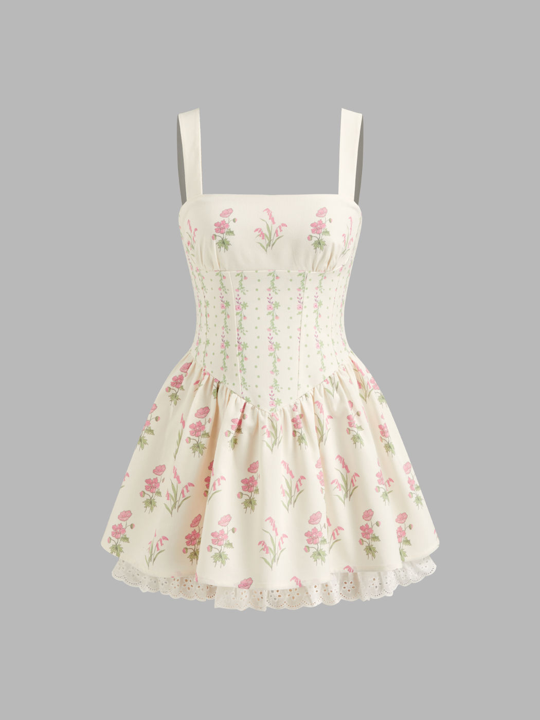 Linen-blend Floral Broderie Anglaise Trim Layered Lace Up Mini Dress