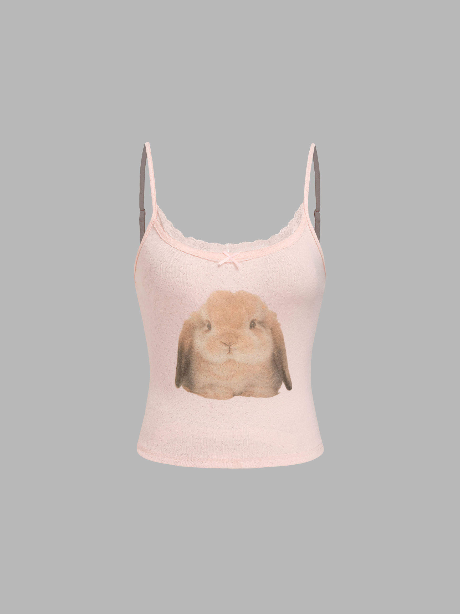 Scoop Neckline Rabbit Graphic Bowknot Lace Trim Cami Top