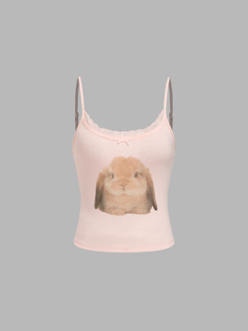 Scoop Neckline Rabbit Graphic Bowknot Lace Trim Cami Top