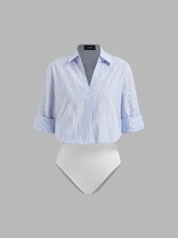 100% Cotton Collar Roll-up Sleeve Shirt Bodysuit