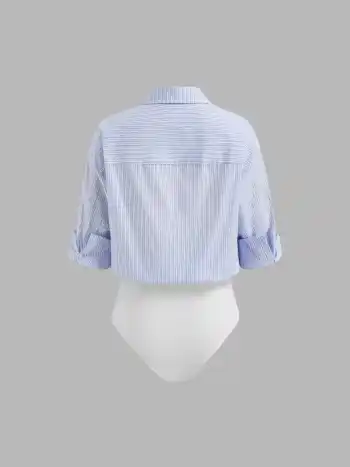 100% Cotton Collar Roll-up Sleeve Shirt Bodysuit