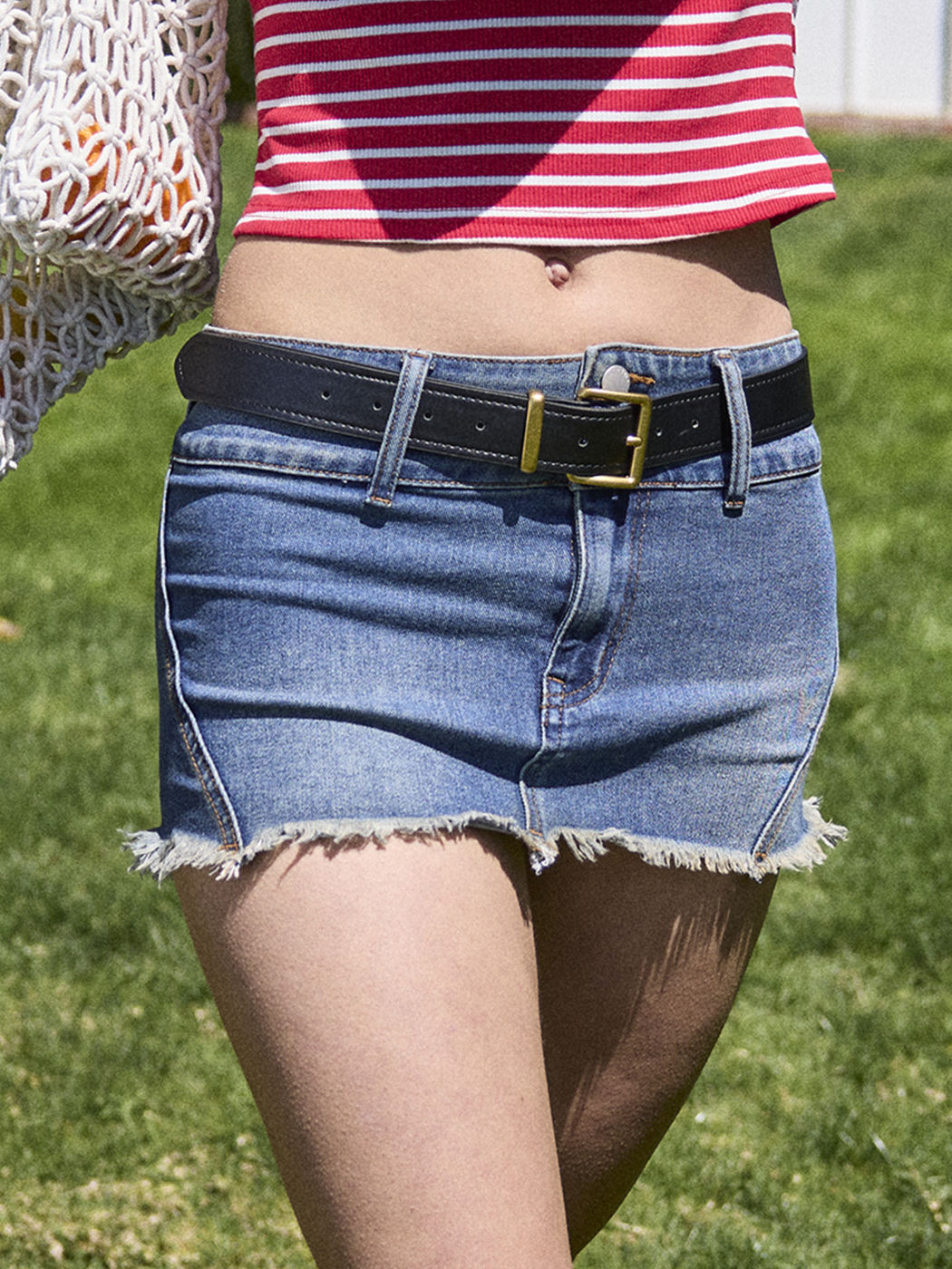 High Stretch Denim Low Rise Raw Hem Micro Mini Skirt