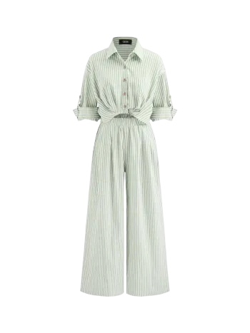 Cotton-blend Collar Solid Striped Knotted Roll-up Sleeve Jumpsuit