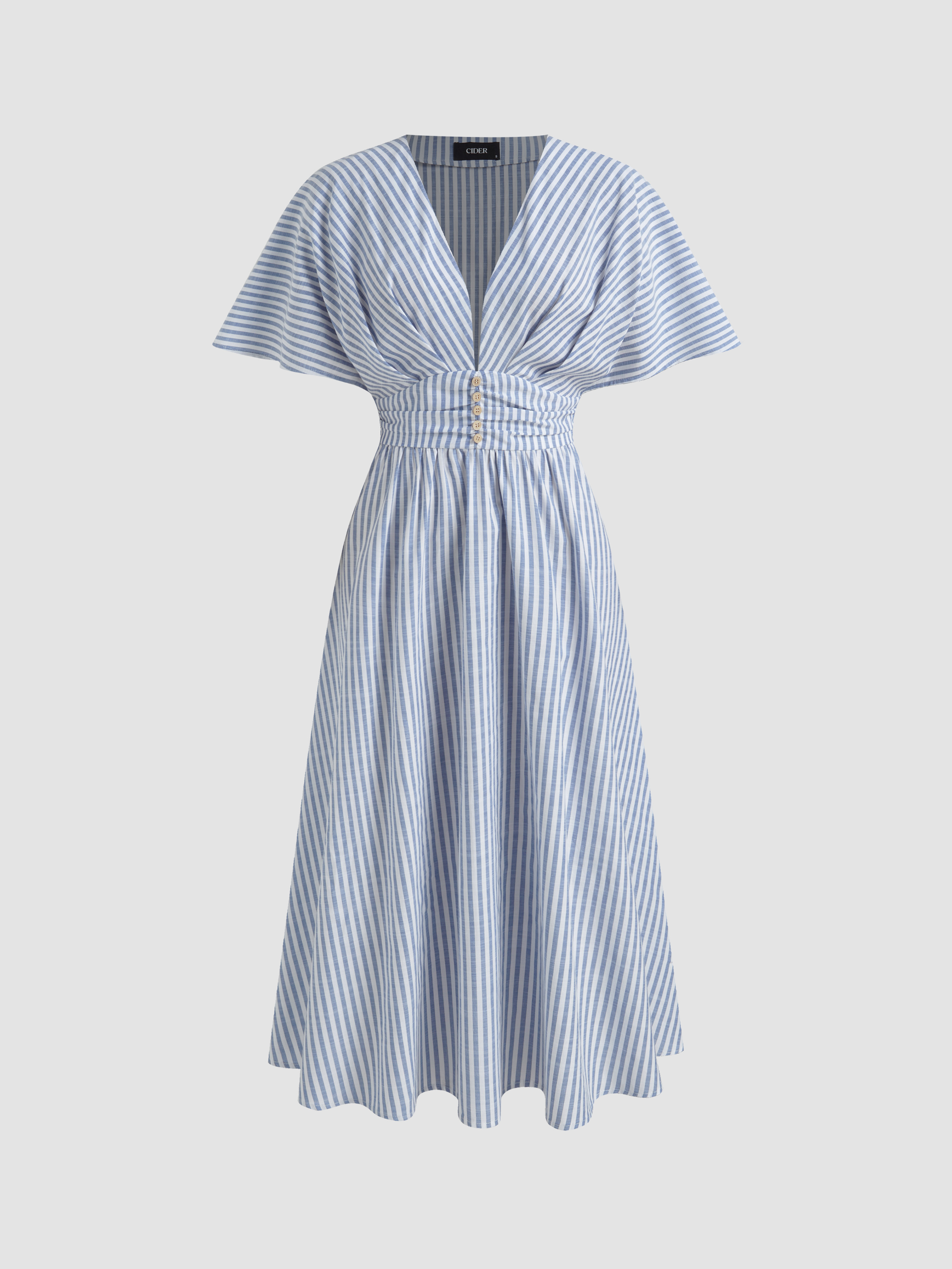 Woven Cotton-blend V-neck Striped Ruched Button Maxi Dress For Holiday