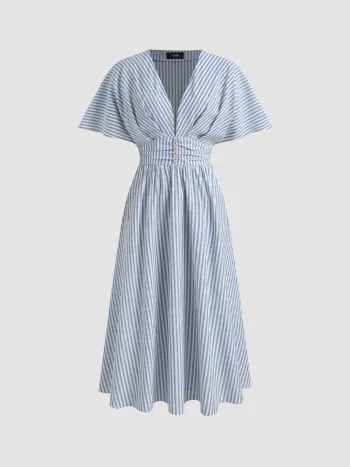 Baumwollmischung V-Ausschnitt gestreift geriffelt mit Knöpfen Maxikleid