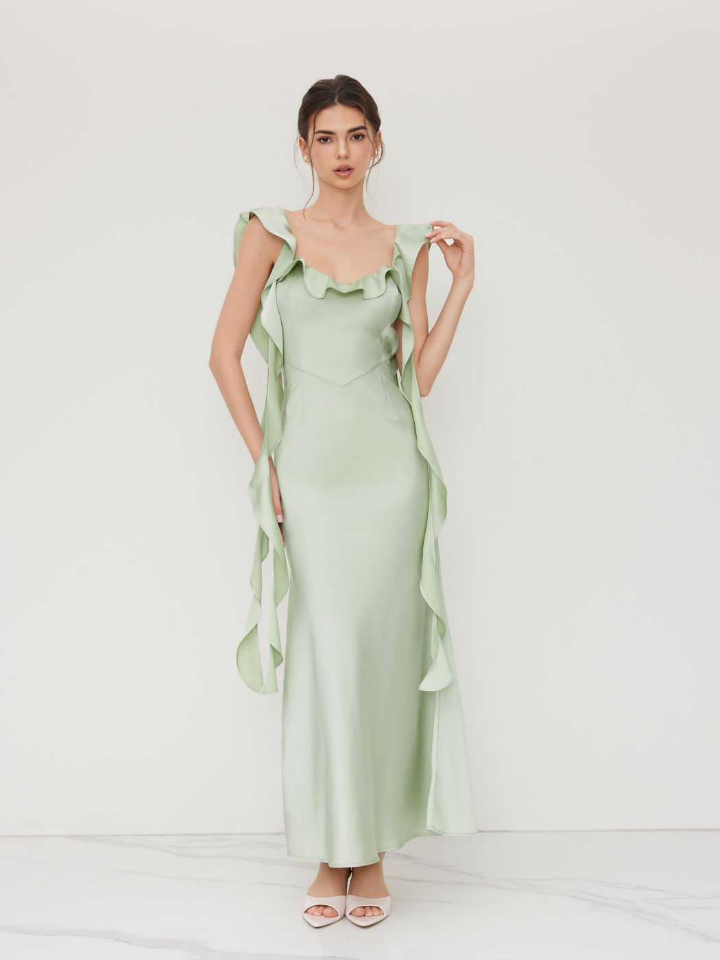 Two Way Satin V-neck Backless Ruffle Hem Maxi Dress