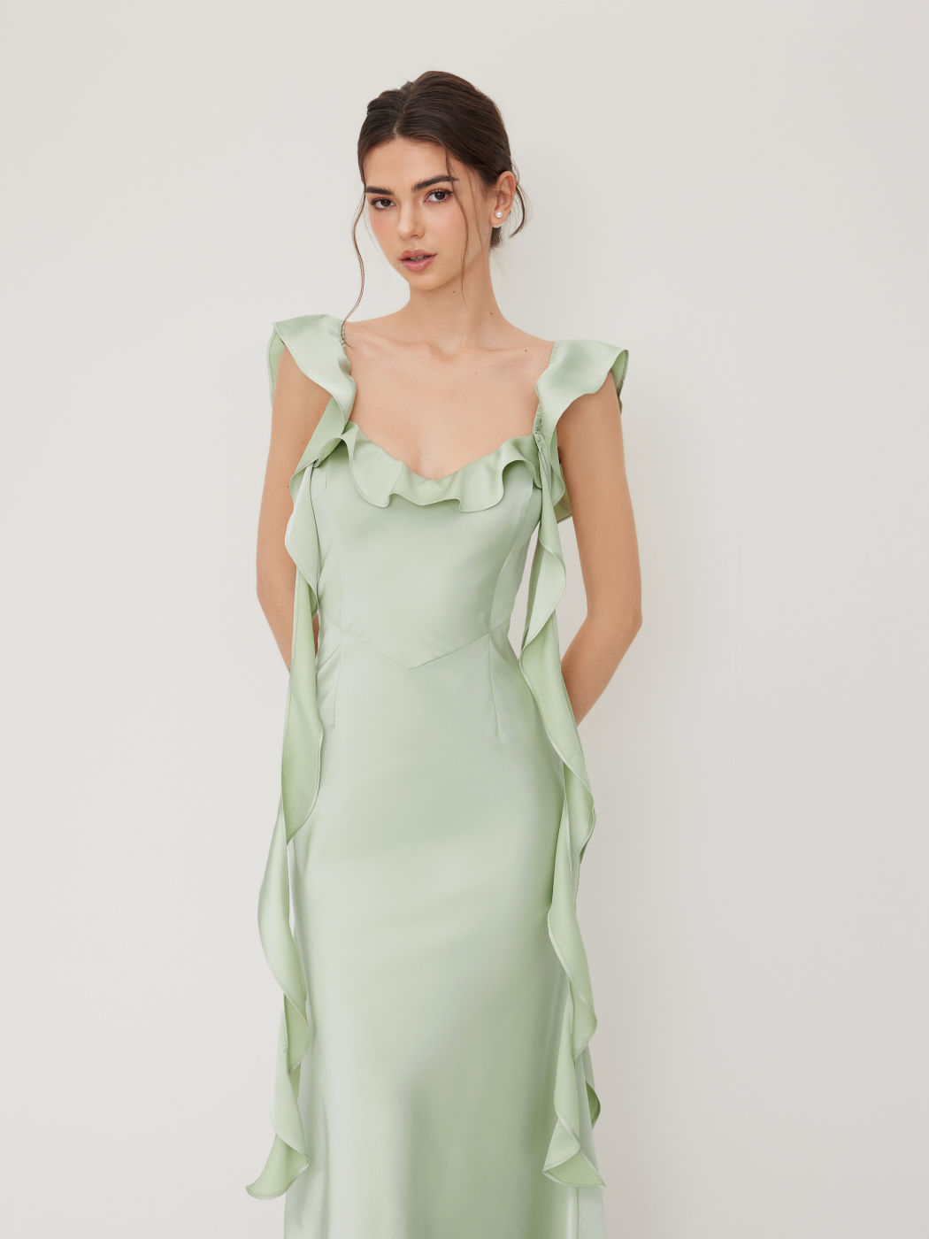 Two Way Satin V-neck Backless Ruffle Hem Maxi Dress
