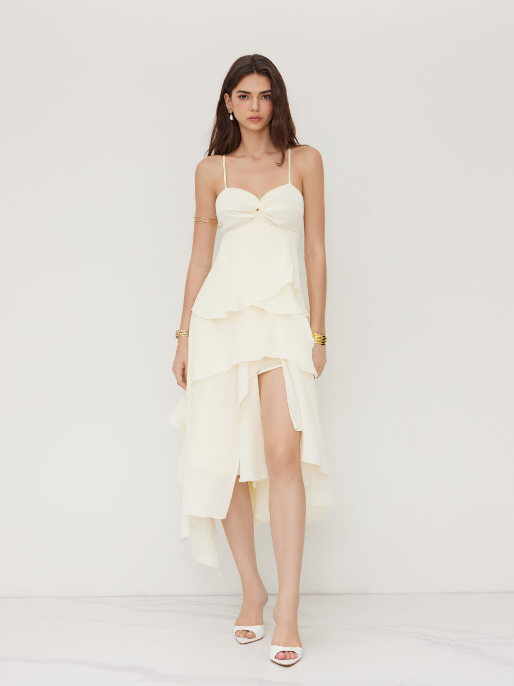 Cotton-blend V-neck Twist Asymmetrical Hem Layered Cami Maxi Dress
