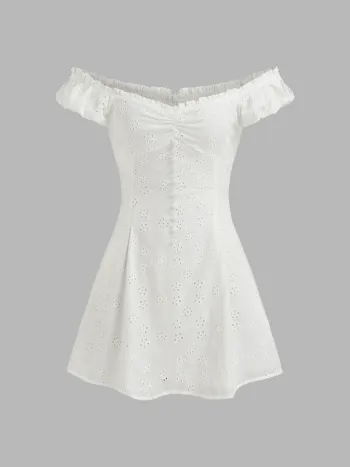 Broderie Anglaise 100% Cotton Off-shoulder Solid Button Mini Dress