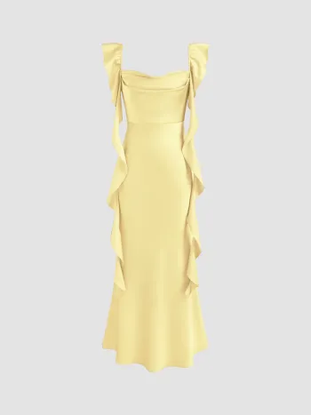 Satin Maxikleid mit Rundhalsausschnitt und Rüschensaum