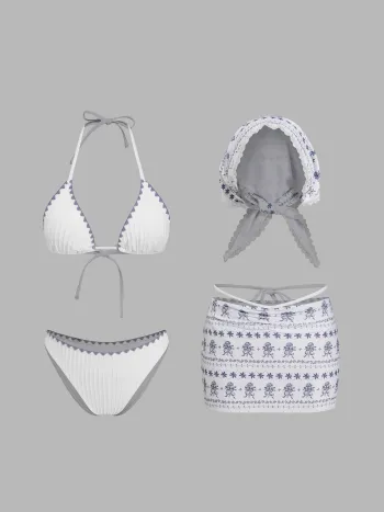 Halter Neckline Contrasting Binding Triangle Cheeky Bikini Set With Floral Lace Trim Cover Up Set