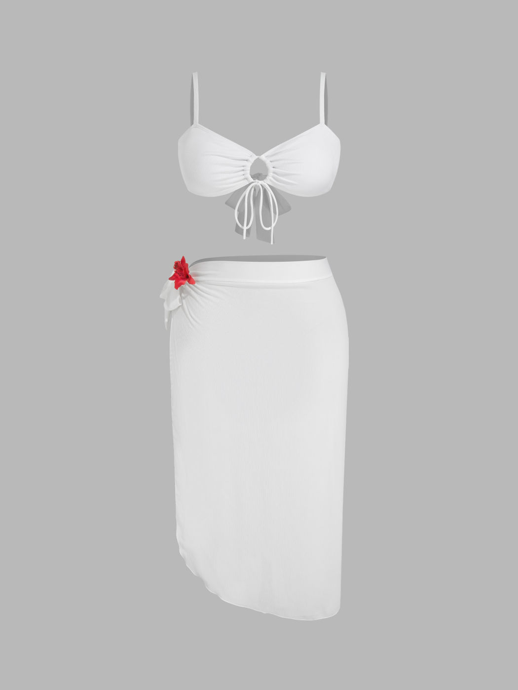 Sweetheart Cut Out Knotted Bracelet Full Coverage Bikini Set With Flower Detail Sarong Curve & Plus