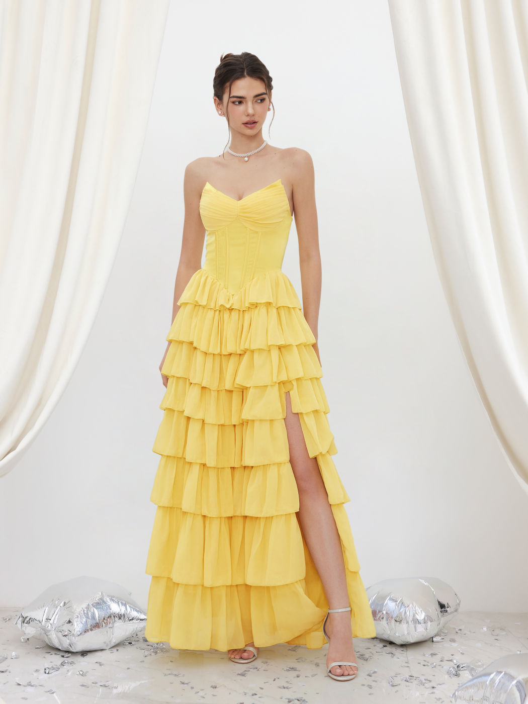 Chiffon Tube Corset Tiered Split Lace Up Gown Maxi Dress