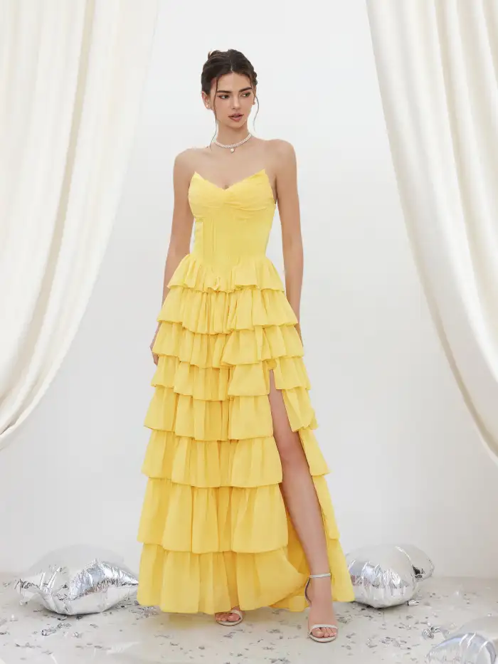 Wedding Wedding Guest Dress Party Dress For Party New Years Holiday Dress  wedding guest wedding special occasion dresses Chiffon Chiffon Tube Corset  Tiered Split Lace Up Gown Maxi Dress For Wedding