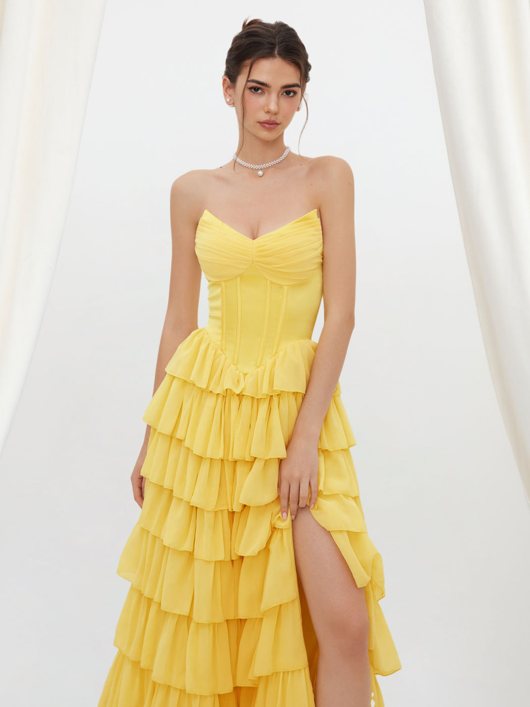 Chiffon Tube Corset Tiered Split Lace Up Gown Maxi Dress