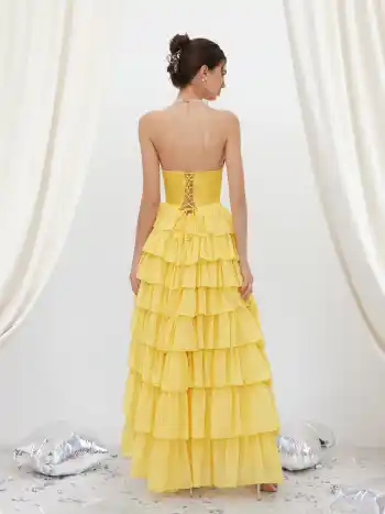 Chiffon Tube Corset Tiered Split Lace Up Gown Maxi Dress