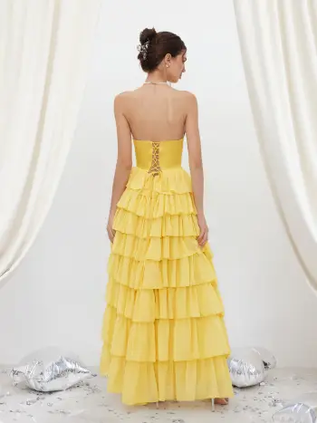 Abito lungo maxi in chiffon con corsetto a tubo, balze, spacco e lacci
