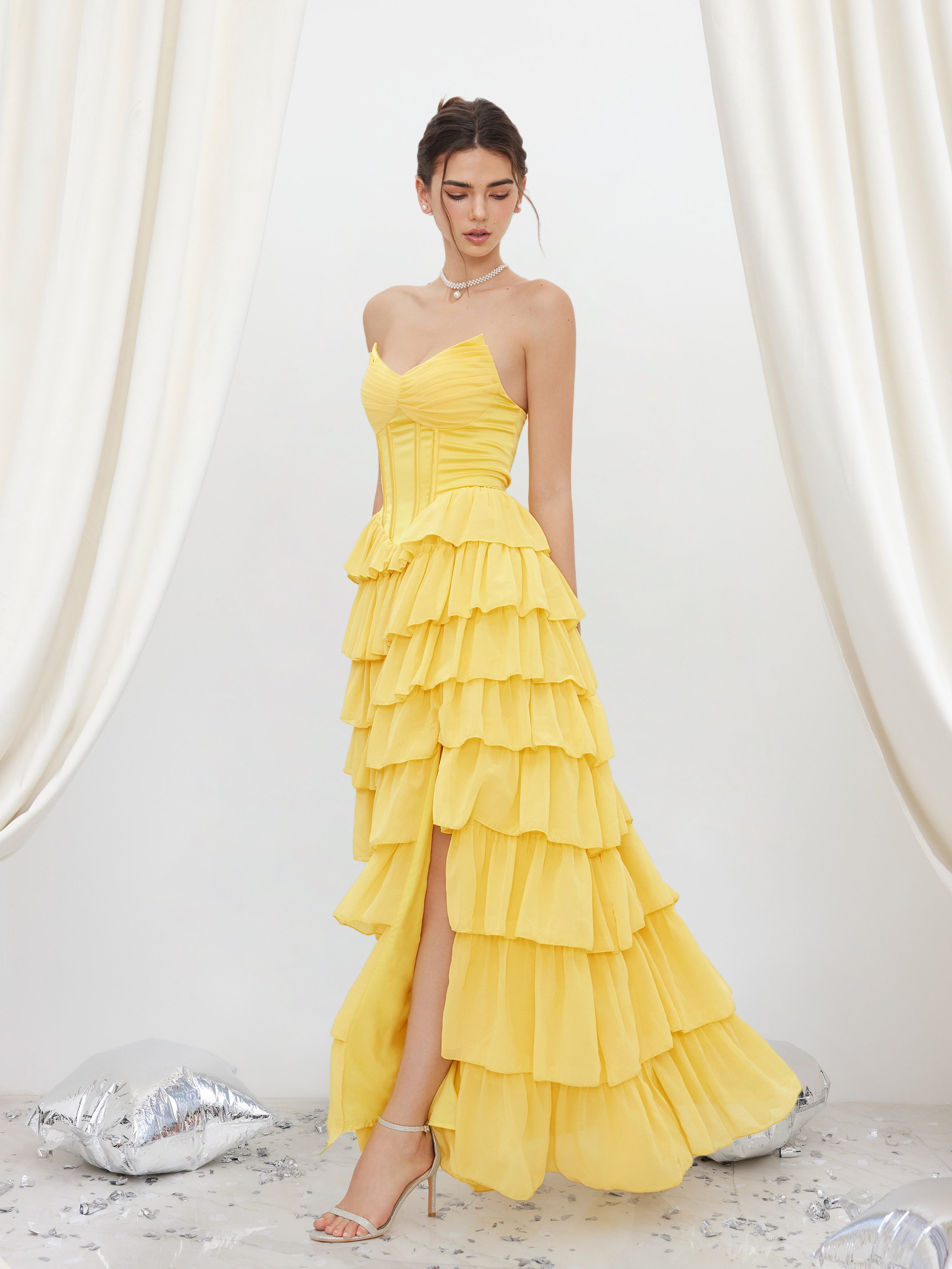 ロージールーチェ　CHIFFON TEARD RIBBON DRESS Savannah Green Chiffon Tiered Maxi Dress – Ro&Zo
