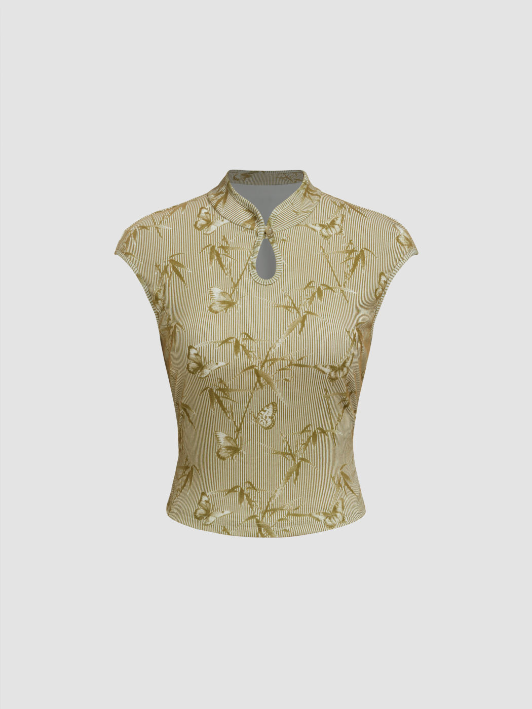 Mandarin Collar Butterfly & Bamboo Stripe Top