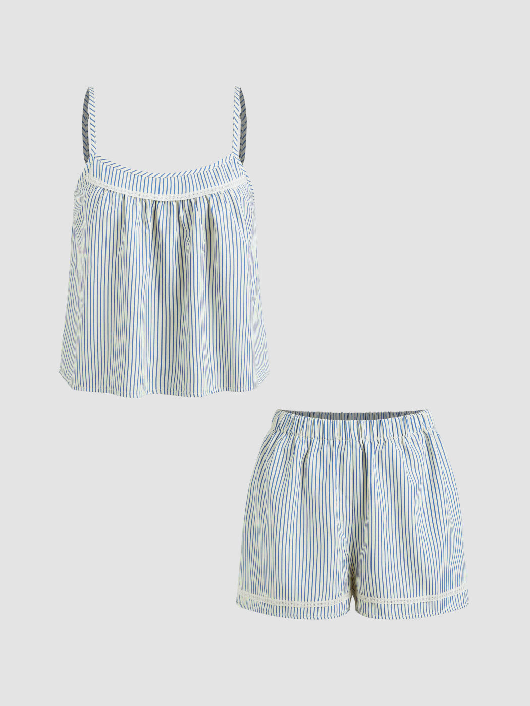 Cotton-blend U-neckline Stripe Lace Trim Cami Top & Mid Rise Elastic Waist Shorts Loungewear Set