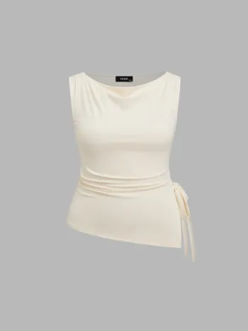 Boat Neck Ruched Split Knotted Asymmetrical Tank Top Curve & Plus