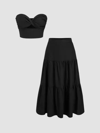 Cotton Twist Crop Bandeau Oberteil & Mittelhohe Treppenmaxirock Set