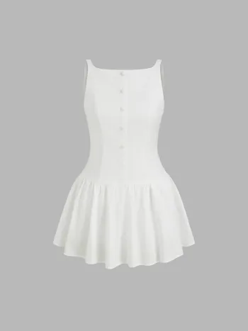 Linen-blend Boat Neck Backless Ruffle Mini Dress