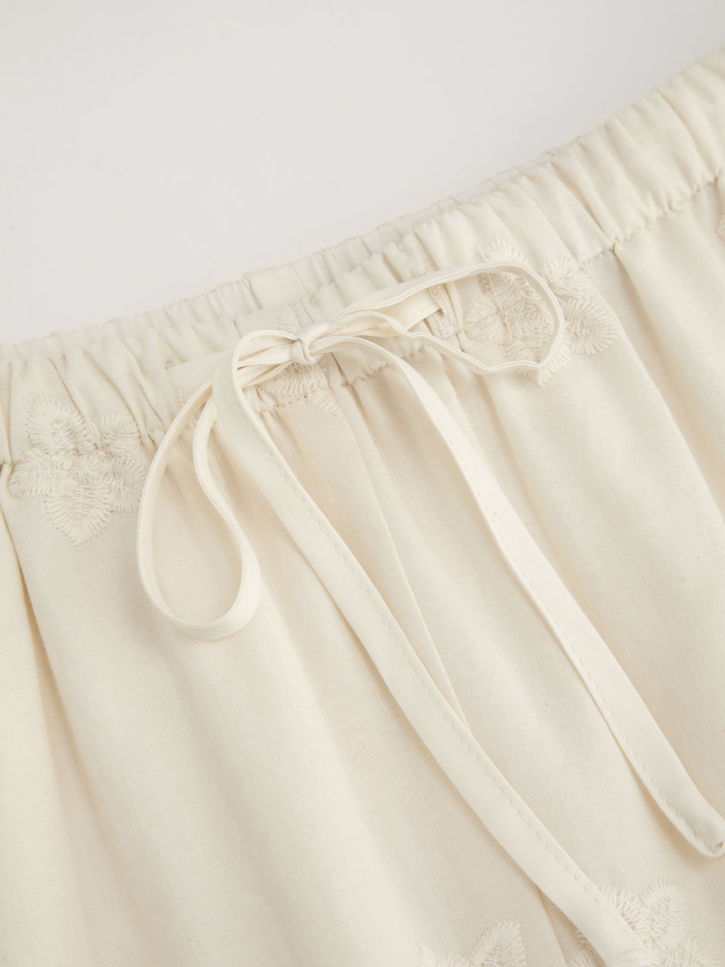 Cotton Mid Rise Elastic Waist Embroidery Hollow Out Wide Leg Trousers