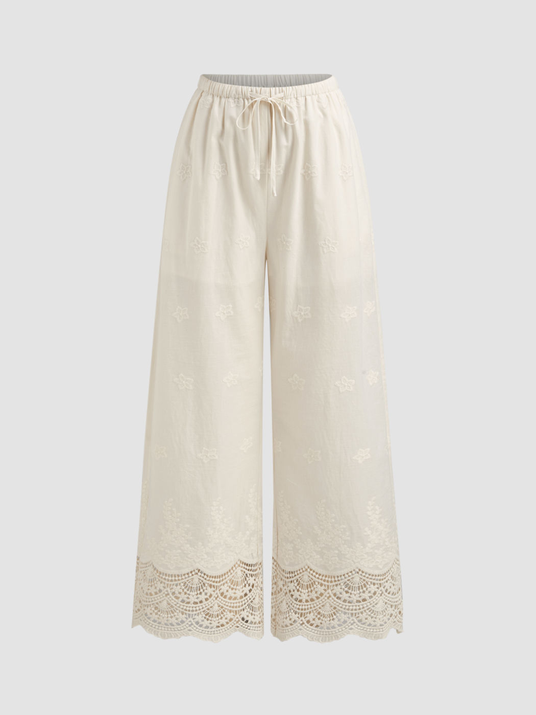 Cotton Mid Rise Elastic Waist Embroidery Hollow Out Wide Leg Trousers