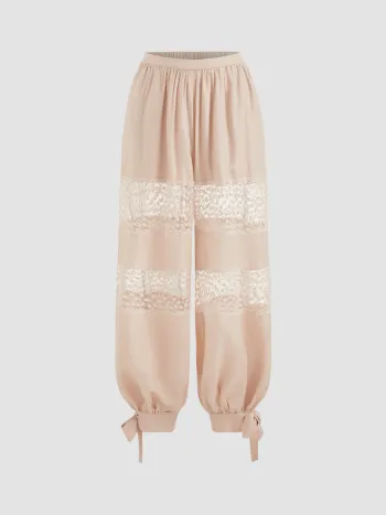 Mid Rise Lace Patched Knotted Joggers Trousers