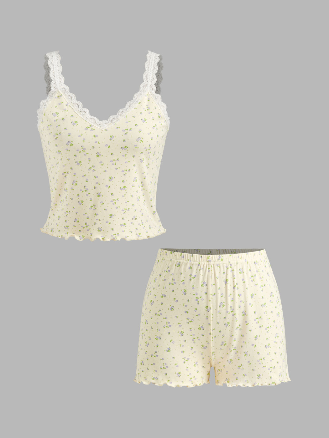 V-neck Ditsy Floral Lace Trim Cami Top & Mid Rise Lettuce Trim Shorts Loungewear Set