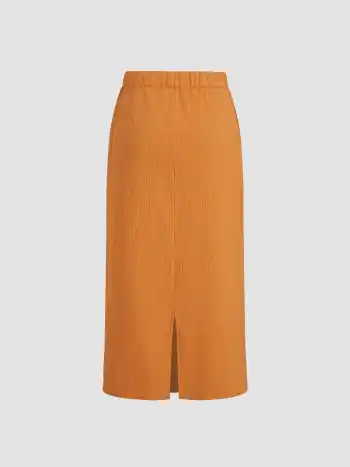 Cotton-blend Mid Rise Texture Drawstring Split Maxi Skirt