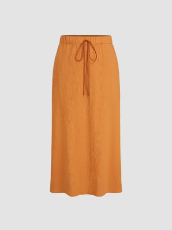 Cotton-blend Mid Rise Texture Drawstring Split Maxi Skirt