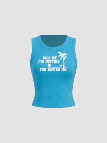 Kiss Me I'm Getting In The Water Cotton-blend Coconut Tree Graphic Tank Top