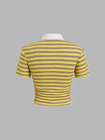 Terry Polo Neck Stripe Ruched Short Sleeve Tee