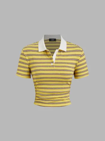 Terry Polo Neck Stripe Ruched Short Sleeve Tee