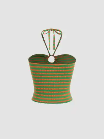 Cotton-blend Halter Neckline Cut Out Stripe Knotted Crop Top