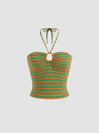 Cotton-blend Halter Neckline Cut Out Stripe Knotted Crop Top