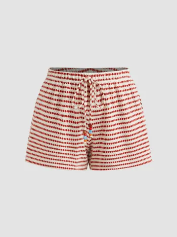 Mid Rise Geometric Stripe Pocket Beaded Knotted Shorts