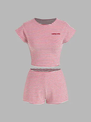 Cotton-blend Stripe Feeling Salty Embroidery Crop Top & Low Rise Shorts Set