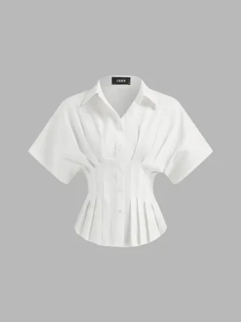 Linen-blend Collar V-neck Pleated Short Sleeve Shirt