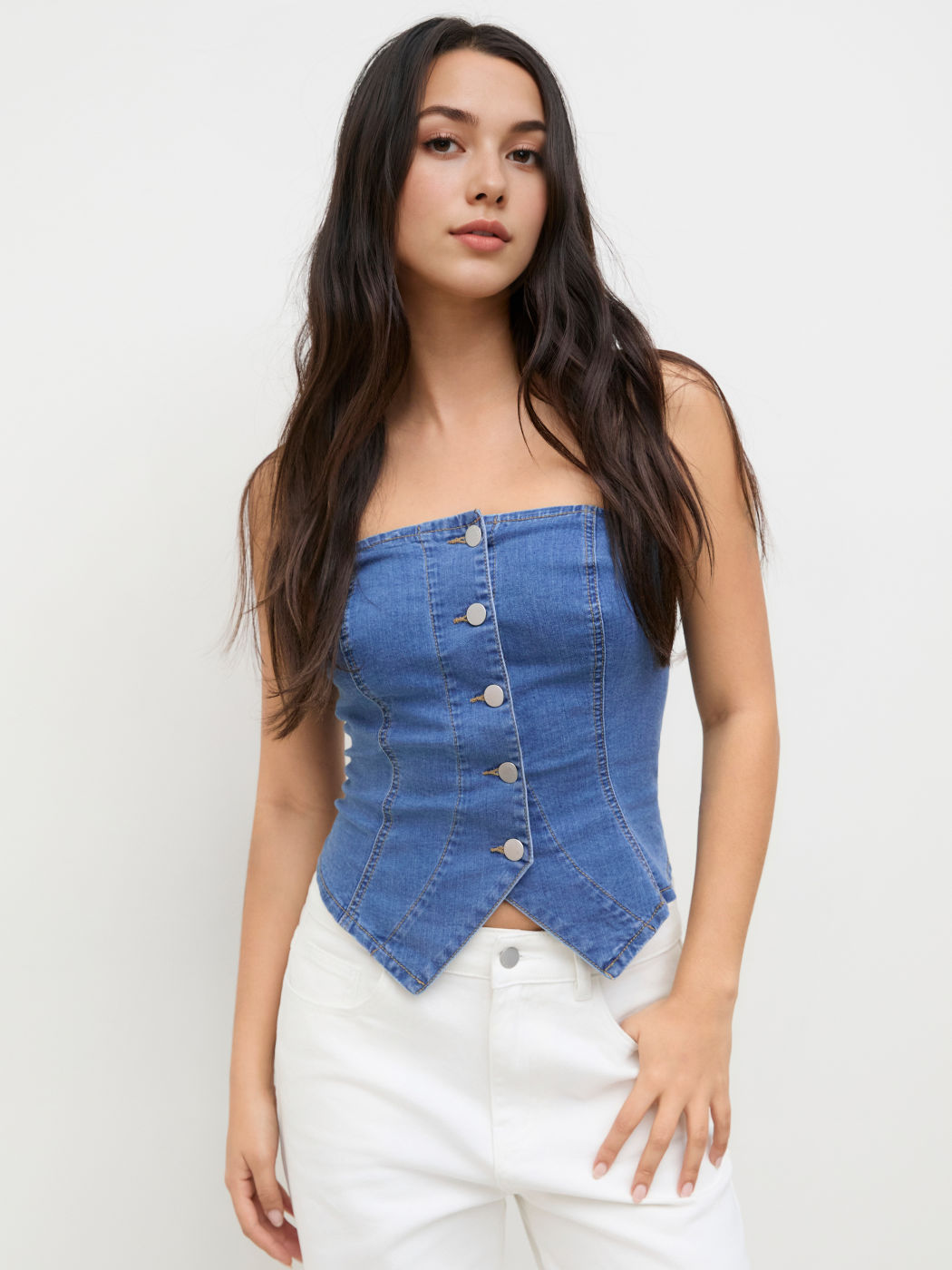 High Stretch Denim Bandeau Shirred Split Crop Top