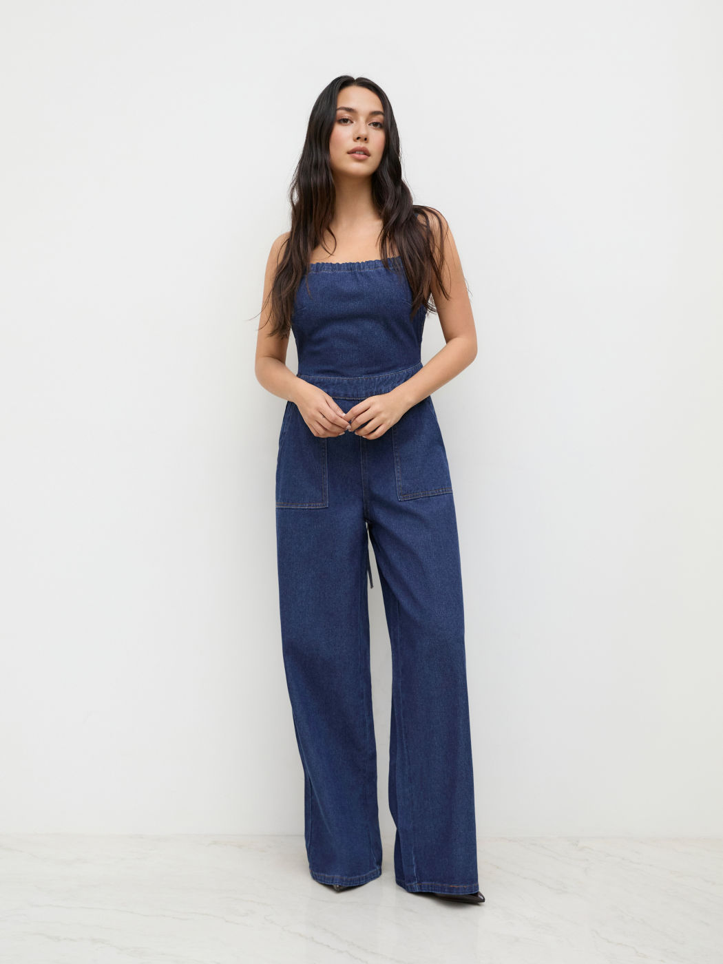 Denim Lace Up Backless Wide Leg Jumpsuit