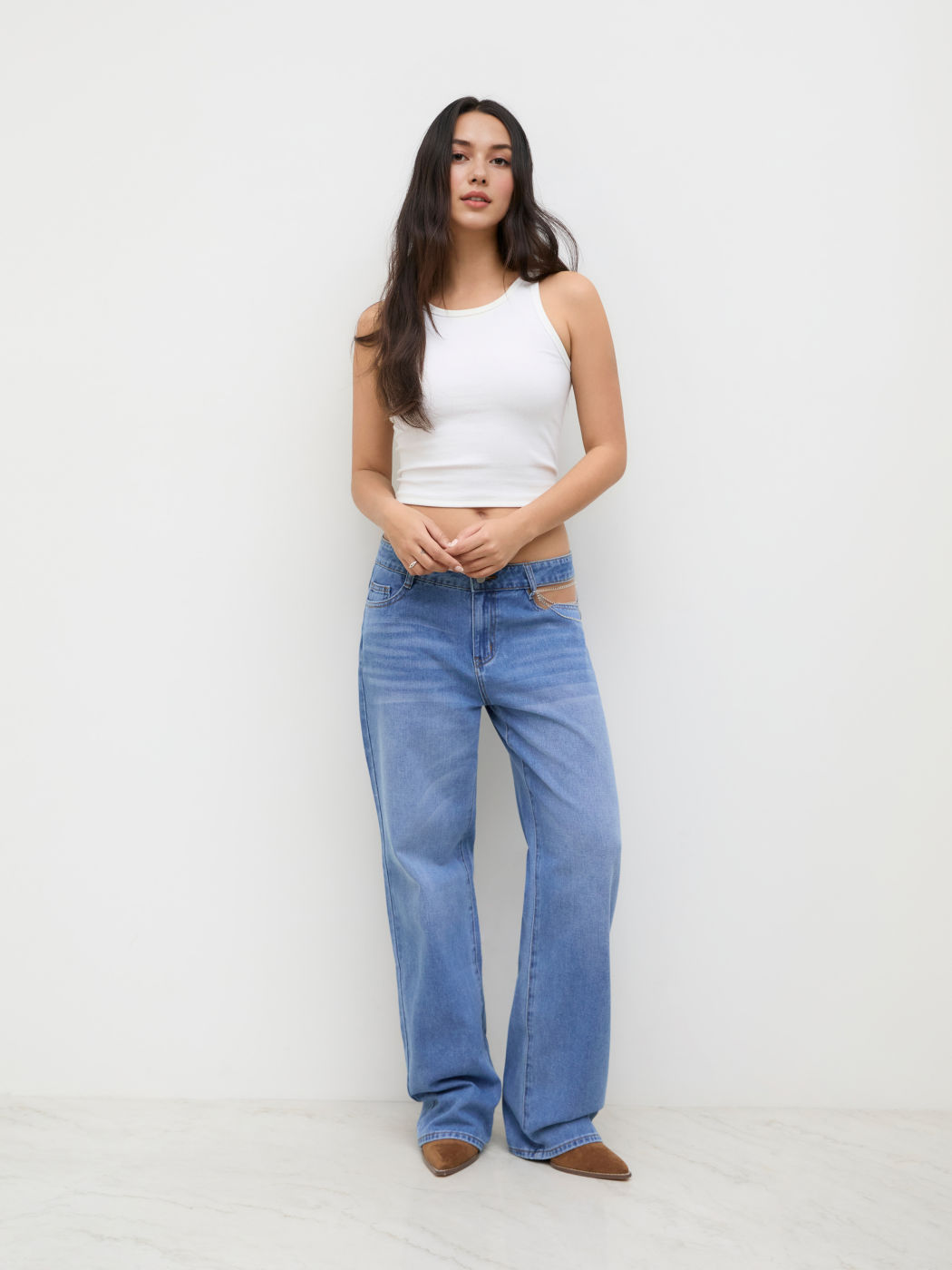 Cider Denim Low-Rise Cut-Out Ketten-Detail Breitbeinige Jeans