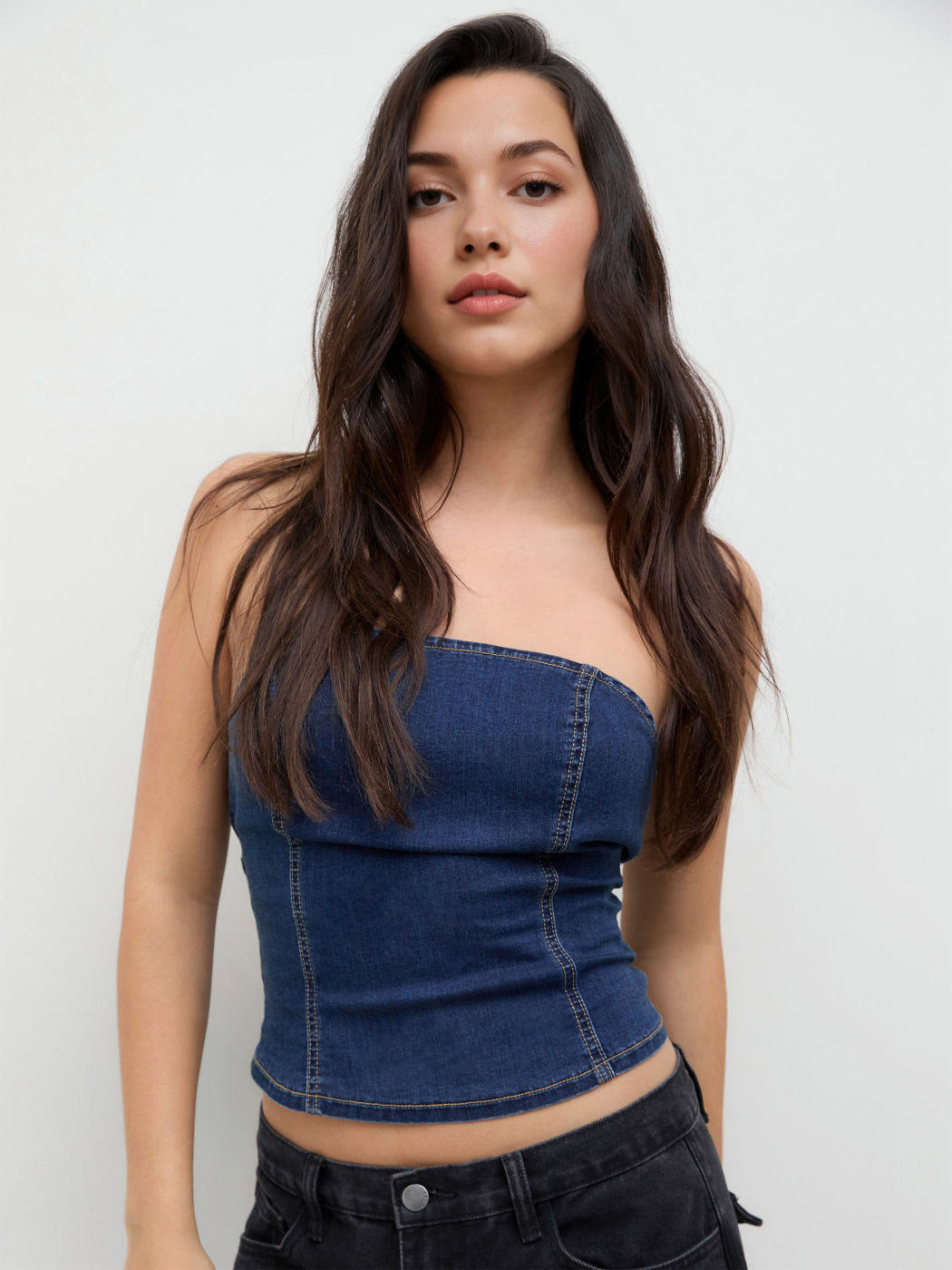 Stretch Denim Shirred Bowknot Crop Bandeau Top
