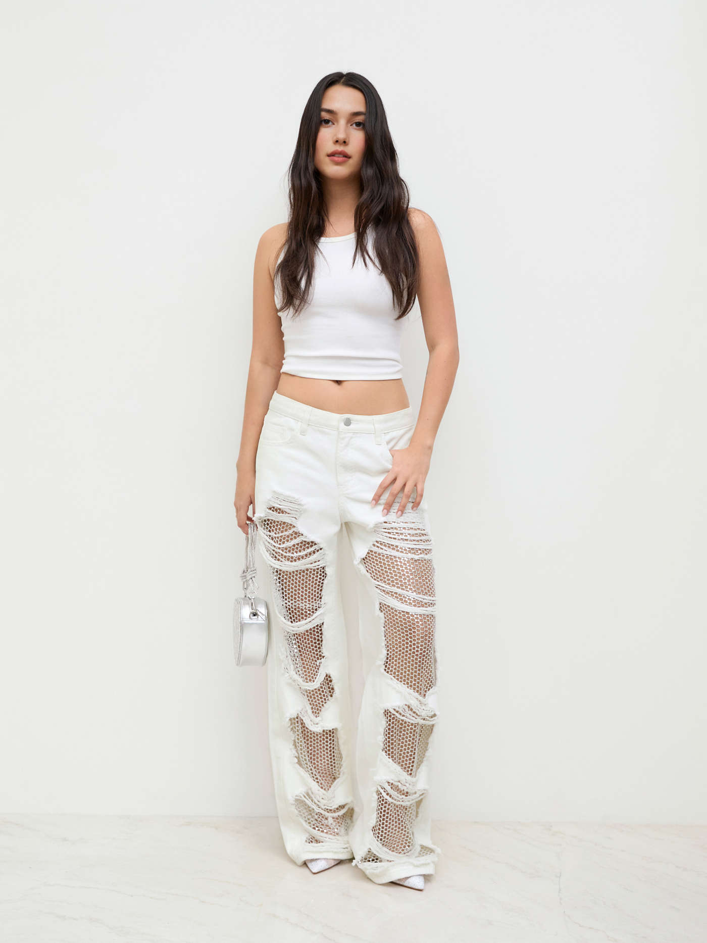 Denim Low Rise Ripped Hollow Out See-through Wide Leg Jeans