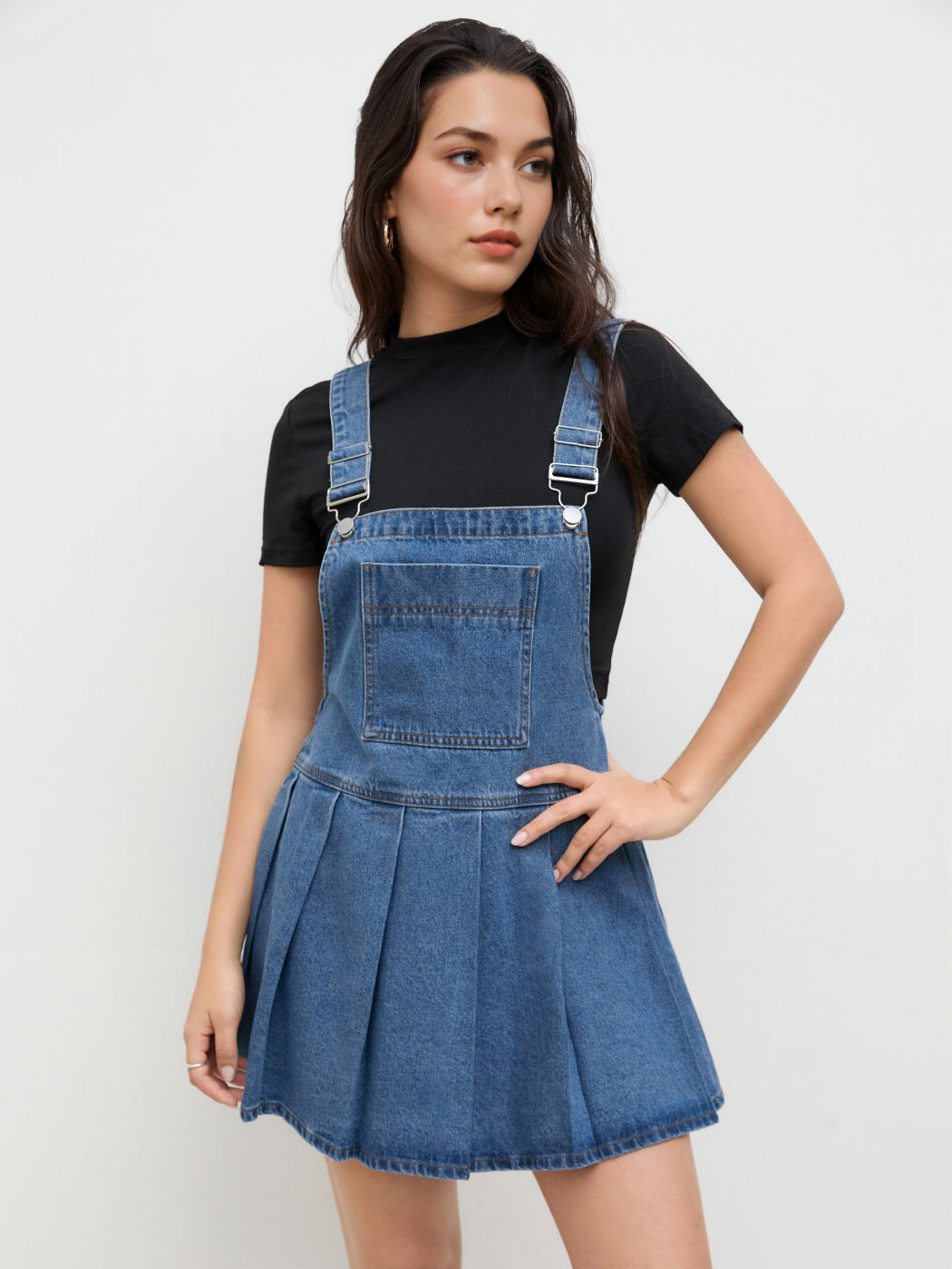 Denim Pleated Mini Pinafore Dress