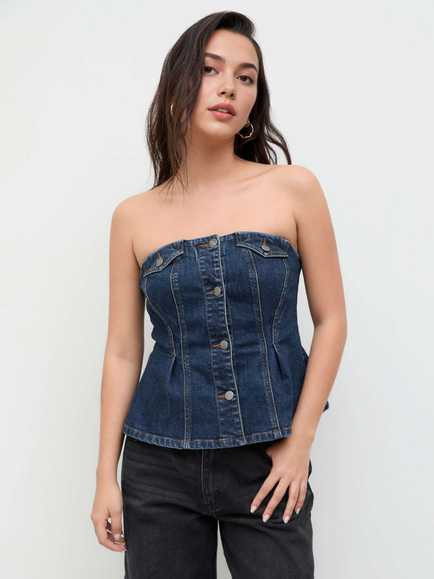 Stretch Denim Button Bandeau Top