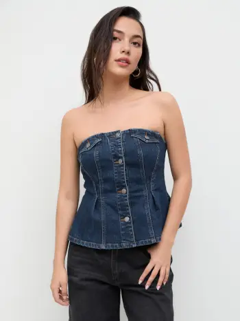 Top a fascia con bottoni in denim elasticizzato