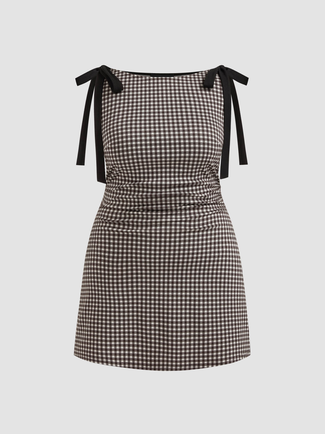 Round Neckline Gingham Bowknot Ruched Mini Dress Curve & Plus